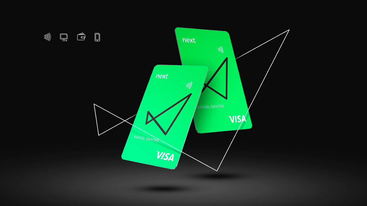 A imagem tem o fundo todo preto. No centro, vemos um elástico do next na cor branca entrelaçando dois cartões verdes do next. À esquerda, no canto superior, há quatro símbolos pequenos na cor branca: aproximação, computador, carteira e smartphone.