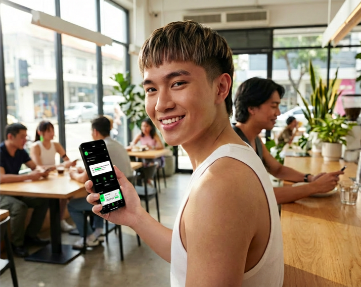 Duas pessoas estão sentadas em um balcão de uma padaria, tomando um café, suco de laranja e comendo um sanduíche. A pessoa da frente é uma mulher jovem de traços orientais, com o cabelo preso e brincos grandes verde neon. Ela sorri e segura um smartphone na mão com o aplicativo do next aberto nele.